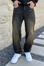 B230档2025秋冬新款复古做旧泥黄宽松直筒男士牛仔长裤9137P90，男装休闲裤，电商B230