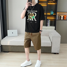 2025夏季新款男装潮流亮片刺绣圆领短袖T恤咖色轻奢格纹短裤套装,男装休闲套装,星座1801, 2025夏季新款男装潮流亮片刺绣圆领短袖T恤咖色轻奢格纹短裤套装,男装休闲套装,星座1801,