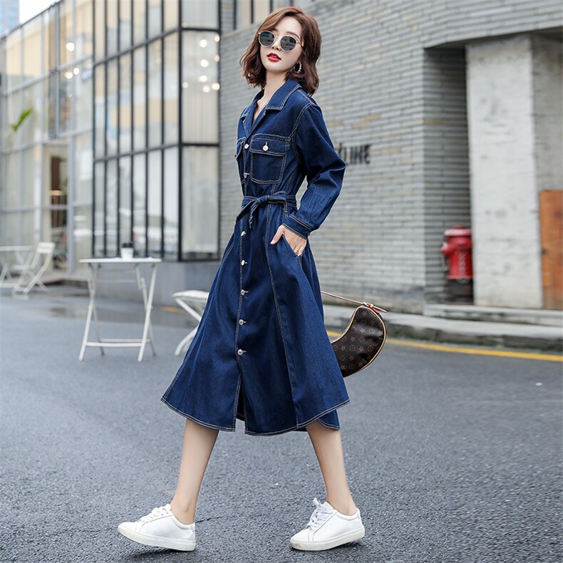 2022春款新款西装领开扣牛仔收腰系带连衣裙2022年春季,女装连衣裙,瑶迪依秀