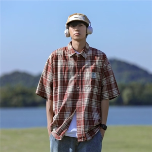 格子短袖衬衫男夏季新款美式复古高街衬衣小众设计感潮流上衣图片