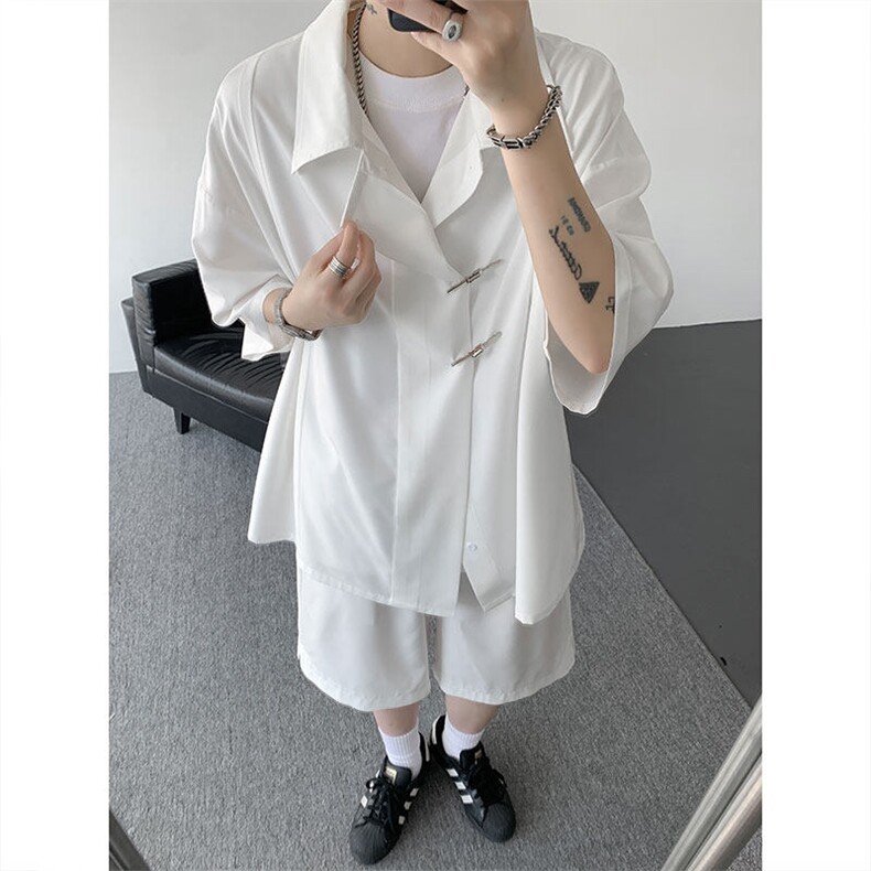TZ785-特p55控98新中式风斜门襟飞机扣冰丝短袖衬衫大码套装,男装T恤,电商A059
