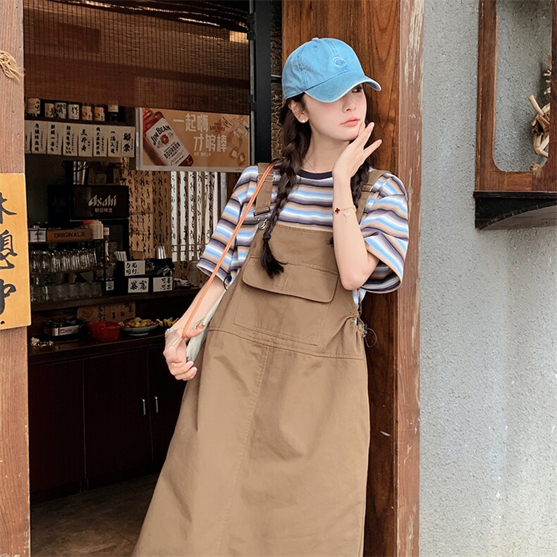 休闲工装背带连衣裙套装女2025夏季新款学院风减龄条纹t恤两件套,女装套装/套裙,浙宝276（原081）