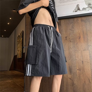 速干工装短裤男夏季薄款美式复古条纹运动五分裤潮牌潮流休闲裤子