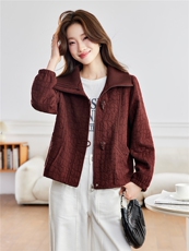 毛线大翻领块纹格刺绣新中式复古短外套上衣2026年春季，女装短外套，简韵佳