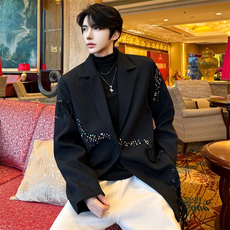 （图）春季暗黑系ins拼接亮片西装绑带设计感西服5021-P123，男装西服，星座910-5