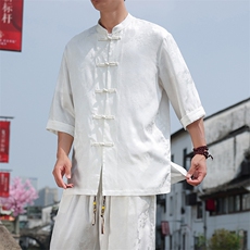 2025夏季新款风七分袖衬衫男立领大码盘扣上衣CS100-P55，男装衬衫，电商A008