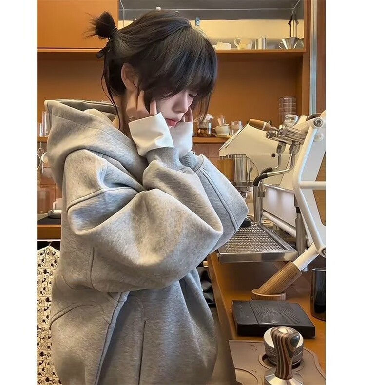 氛围感美式boxy重磅连帽卫衣男设计感廓形外套LW1044-P55加绒65,女装短外套,星座1008
