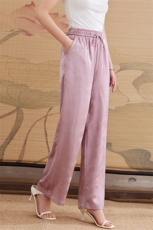 新中式提花阔腿长裤子2025新款女装粉薄款高腰显瘦亲肤透气松紧腰，女装休闲裤，媚琳依坊