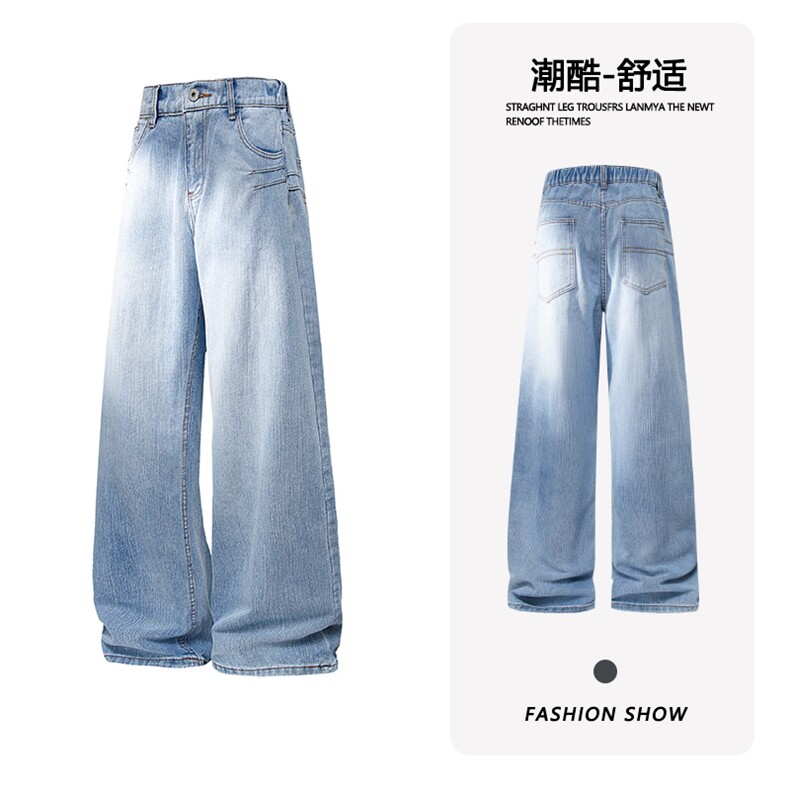 B221美式ins高街暗黑宽松微喇竹节纹牛仔裤LK25585-特P50控78图片
