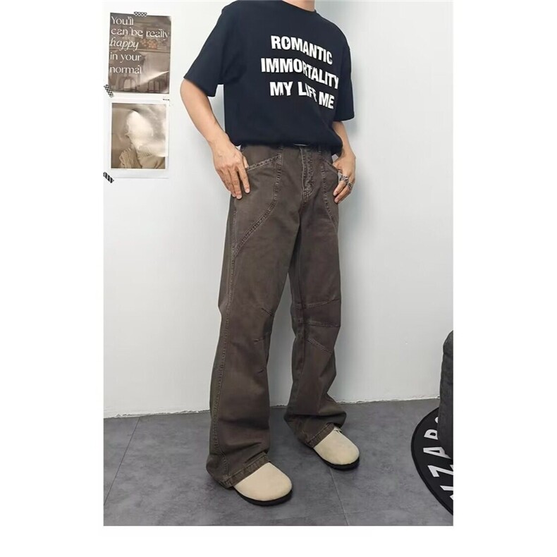 复古水洗做旧cleanfit休闲工装长裤男vintage宽松直筒百搭裤子男,男装牛仔裤,星座506A