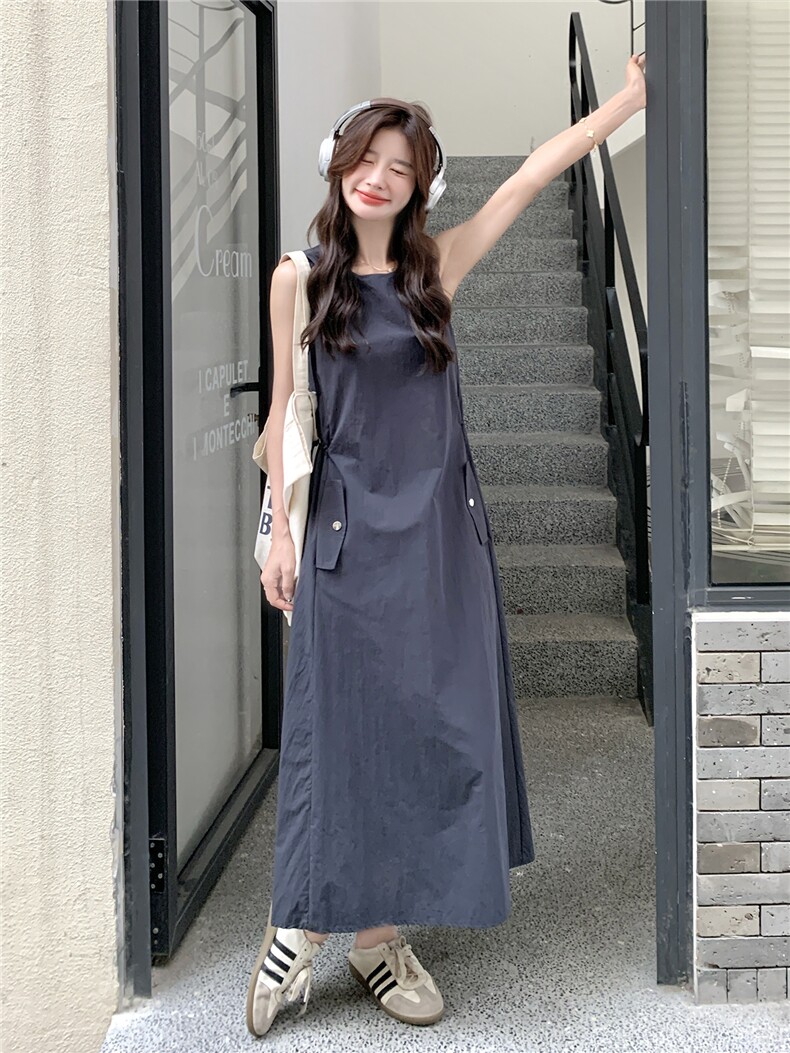 简约休闲显瘦背心连衣裙女2025年夏季新款韩系收腰无袖百搭长裙子,女装连衣裙,琦鑫阁（原依鑫阁）