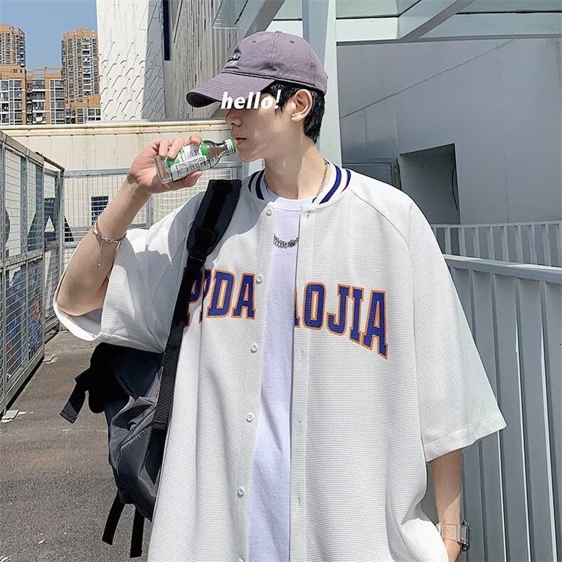 美式棒球服衬衫男短袖青少年华夫格重磅衬衣夏季薄款外套五分袖男,男装T恤,星座715-4