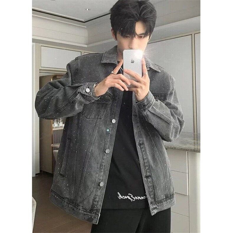 烫钻牛仔外套男春秋新款复古做旧宽松翻领百搭情侣夹克JK26,男装工装外套,星座1116A（原606A-3）