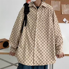 C499P36灯芯绒青少年常规无品牌棋盘格长袖衬衫男秋季美式复古，男装衬衫，星座512-6