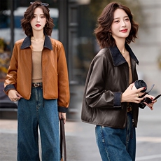 2025冬季女装新款大量现货时尚拼接翻领港风皮衣外套，女装皮衣，衣之秀
