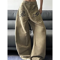 美式复古弯刀阔腿牛仔裤女2025春季宽松显瘦卡其色直筒休闲拖地裤，男装牛仔裤，星座1210-1