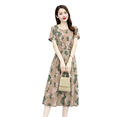 时尚印花连衣裙女夏季2025新款气质收腰显瘦复古休闲舒适棉麻裙子，女装连衣裙，倪叶myz