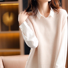 时尚百搭纯色圆领马甲女秋冬季新款宽松显瘦无袖针织背心外套，女装马甲，美雪羊绒