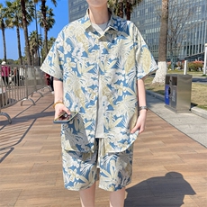 热带植物沙滩套装宽松花衬衫男短袖两件套TZ882/880衣35裤23/TP58，男装衬衫，电商A012