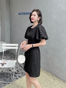 [现货]蝴蝶结订珠款连衣裙，两色、三个尺码图片