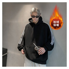 潮牌痞帅撞色加绒套头宽松连帽外套美式条纹卫衣W2428-1#P53官图，女装短外套，电商B245