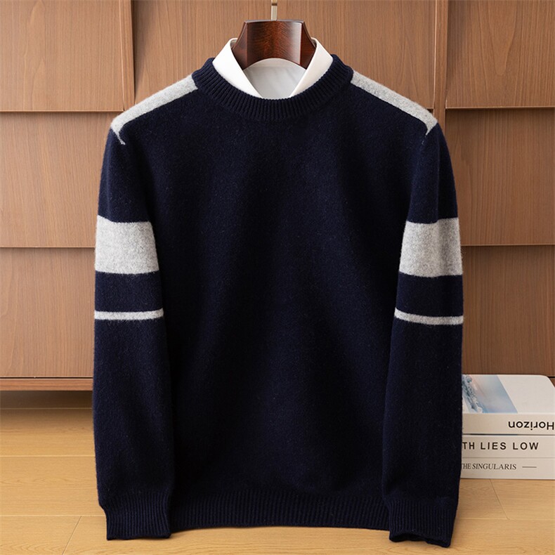 2025年秋季圆领拼色男款时尚百搭通勤简约休闲，男装羊毛衫，狄美羊绒