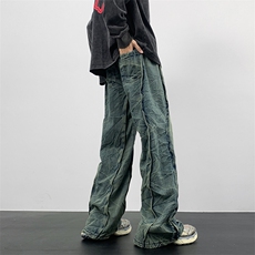 美式街头拼接牛仔裤男春秋直筒宽松高街vibe风长裤子NZ10-P60，男装牛仔裤，星座308B-2