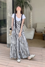 韩系慵懒风条纹背带裤女2025年夏季高级感宽松休闲气质淡人阔腿裤，女装连体裤，2C087