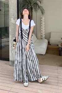 韩系慵懒风条纹背带裤女2025年夏季高级感宽松休闲气质淡人阔腿裤图片