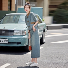 2024年夏款新中式短袖上衣外套+半身长裙套装牛仔时尚气质两件套，女装套装/套裙，瑶迪