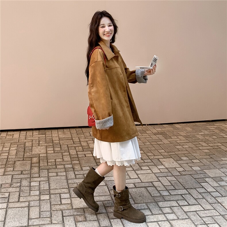 咖色复古格纹拼接麂皮绒外套女春秋2025新款小个子流行爆款巨好看,女装短外套,2C050