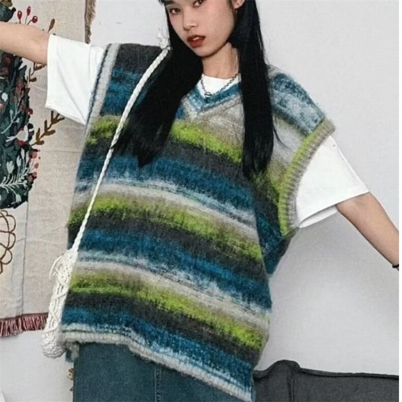 789-P50小众慵懒风复古撞色条纹无袖针织衫马甲男女春秋宽松,男装针织衫/毛衣,电商B323A