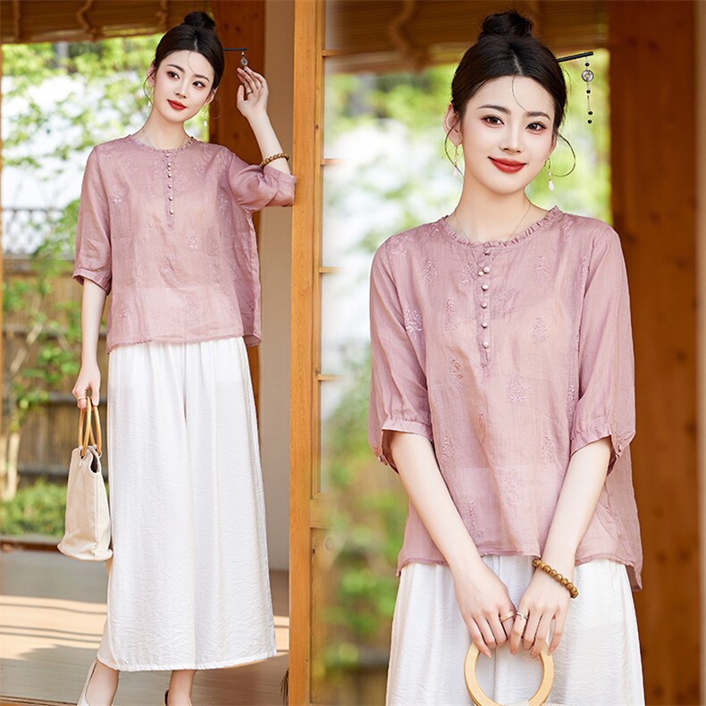 亚麻上衣女高端苎麻套装2025新款夏季时尚绣花透气凉爽裤两件套，女装套装/套裙，衣之秀