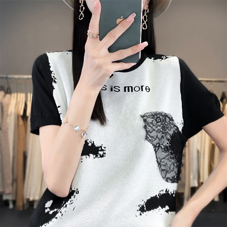 新款女装冰丝短袖针织衫水墨画图案拼接蕾丝设计时尚百搭显瘦上衣,针织衫/毛衣,萱芳婷羊绒