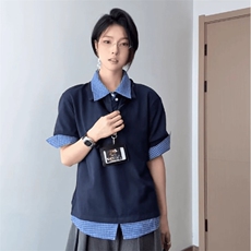 得物抖音高品质二开夏季美式潮牌高街假两件格子衬衣翻领短袖T恤，男装T恤，电商A486