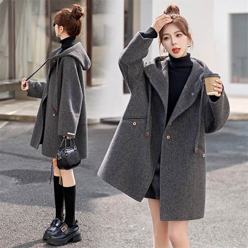 双面羊毛大衣女中长款2025春新款小个子韩系灰色连帽斗篷毛呢外套，女装毛呢外套，半夏