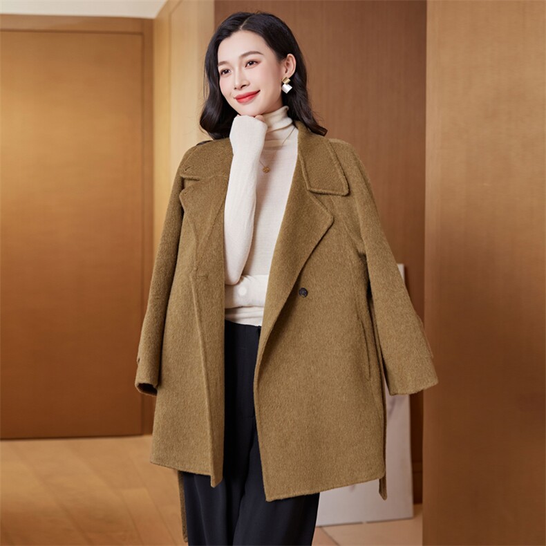 时尚显瘦系带双面羊毛呢大衣女外套气质百搭修身长款风衣,女装双面呢大衣,阿舍尔精品