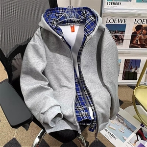 美式假两件连帽格子卫衣开衫cleanfit外套  J290 P52图片
