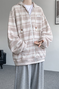 8XL-M 潮情侣美式磨毛编织条纹针织衫卫衣宽松拉链外套WY30P88图片