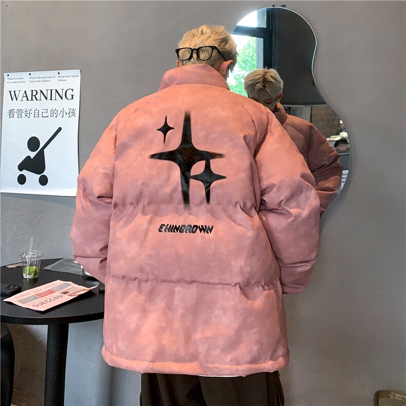 港风立领PU皮复古做旧印花字母图案设计棉衣男MY77719P130控178，男装棉衣，星座227-7