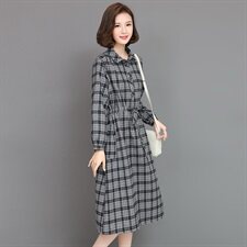 【全年有货，不下架】秋冬加厚连衣裙女长袖条纹棉麻裙中长款，女装连衣裙，3200格调