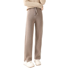 24秋冬新款100%纯羊绒阔腿裤女开叉侧坑条宽松休闲垂感针织拖地裤，女装休闲裤，鹏源羊绒