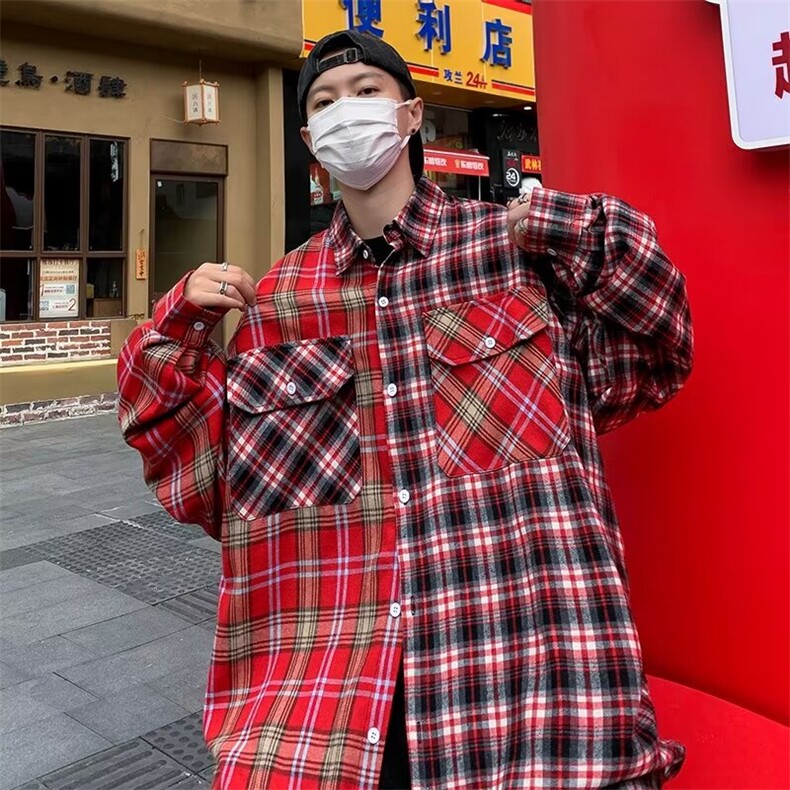 潮高街撞色拼接口袋格子长袖衬衫男女宽松潮牌衬衣外套2218/P45,男装衬衫,星座506