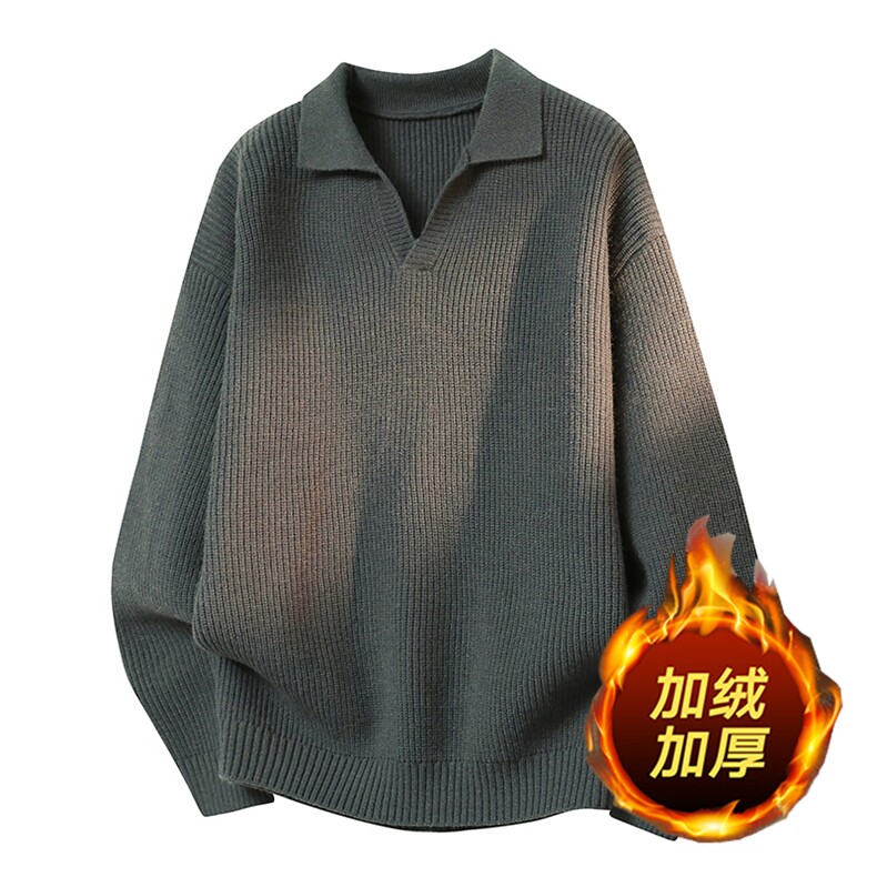 休闲风翻领针织衫男冬季加绒加厚保暖宽松毛衣ZB7007JR-特价P60,男装针织衫/毛衣,电商A007