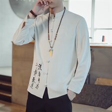 T87*2021春秋男士长袖棉麻口袋修身休闲男麻料衬衫白色*P65，男装衬衫，星座1516（原B303）