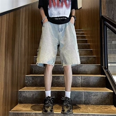 排扣开衩牛仔短裤男士夏季薄款美式高街做旧复古五分裤潮牌中裤子，男装牛仔裤，星座410-6（原星座1304-1）