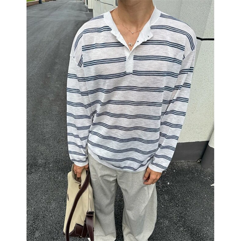 简约原宿新款时尚慵懒日系圆领轻薄松弛感条纹针织衫 M22图片