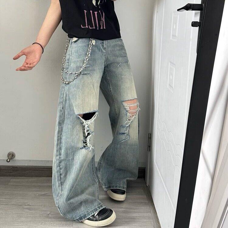 网络图夏季新款破洞水洗做旧蓝牛仔裤男女直筒宽松阔腿长裤,男装牛仔裤,星座410-7