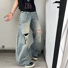 网络图夏季新款破洞水洗做旧蓝牛仔裤男女直筒宽松阔腿长裤，男装牛仔裤，星座410-7