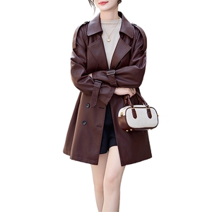 安克拉红色皮衣女2024新款小个子皮夹克秋季pu皮风衣外套女高级感图片